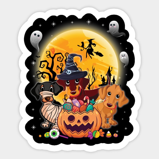 Dachshund Dog Mummy Witch Moon Ghosts Happy Halloween Thanksgiving Merry Christmas Day Sticker by joandraelliot